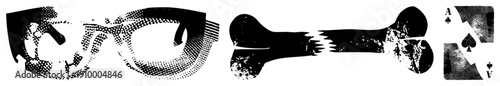 Vector halftone featuring glasses, bone, and ace of spades with distressed texture, graphic design elements, style, isolated symbols, stylized.