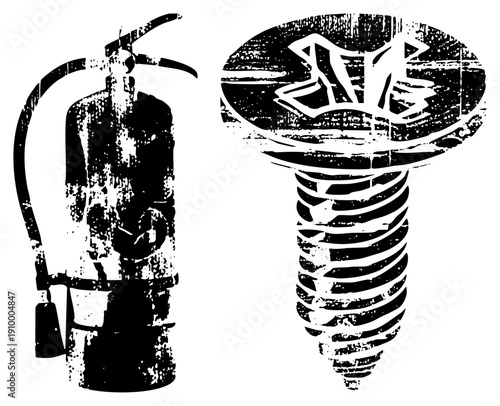 Black and white vector illustration of fire extinguisher and screw with graffiti, stencil style, urban decay aesthetic, isolated objects, industrial design.