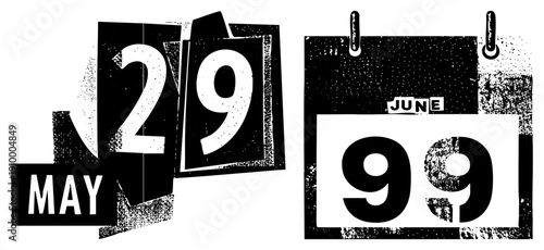 Retro mechanical calendar flipping dates, May 29 and June 99, distressed typographic design, vintage timepiece, grunge aesthetic, black and white vector graphic.