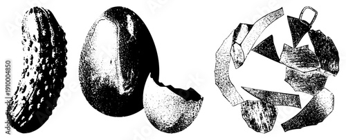 Black and white halftone graphic of pickle, cracked egg, and shattered glass with recycle loop, stylized vector art, isolated elements, textured shading.