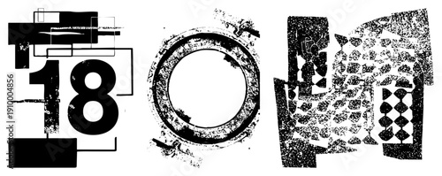 Vector art featuring stylized number 18, circular glyph, and abstract shapes, halftone texture, graphic design elements, isolated foreground.