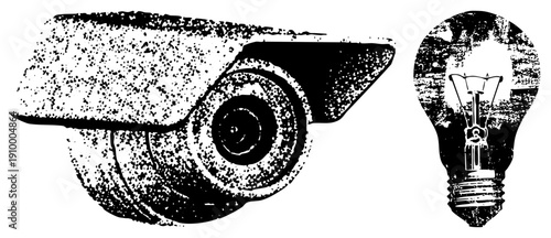 Retro surveillance camera and incandescent bulb rendered in halftone dot, vector graphic, isolated, security tech, lighting symbol.