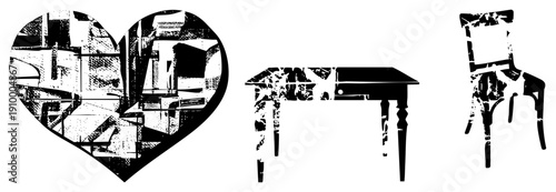 Urban heart shaped collage, fragmented architecture, minimalist furniture, vector art, stylized interior design, abstract cityscape, modern decor elements.