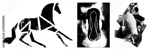 Stylized black vector silhouettes of a galloping horse, tampon, and abstract sculpture, rendered in halftone dot, isolated on transparent background.