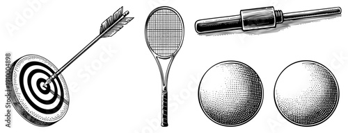 Classic sports equipment set including tennis racket, dartboard with arrow, stick, and two textured balls, rendered in halftone vector style.