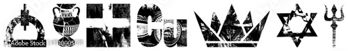 Grungy historical emblems including ankh, urn,, coin, crown, star of david, trident all with weathered textures and aesthetic.