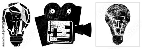 Lightbulb representing ideas, film camera for motion, stylized bulb for innovation all rendered in gritty halftone vector art, ideal for creative branding or tech concepts.