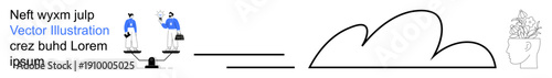 Business growth, mental health, cloud storage, work-life balance, teamwork, innovation. Stylized figures balancing with abstract elements, including a cloud and a head with plants. Work-life balance