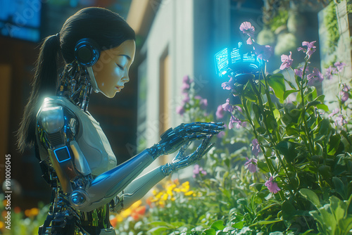 Woman humanoid robot enjoying in magical flower garden showcasing the blend of nature and laboratory. Fantasy digital environment.