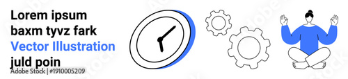 Stress management, work-life balance, mindfulness, business strategy, personal wellness, productivity. Clock with gears and meditating figure. Stress management and work-life balance concept