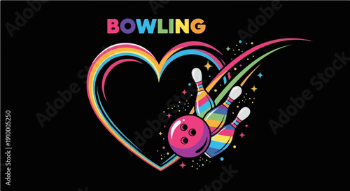 Bowling Heart Rainbow Graphic Illustration - Vibrant Colorful Bowling Ball and Pins Design for Enthusiasts and T-shirt Prints