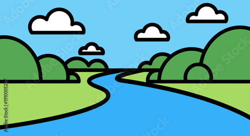 River Landscape with Green Trees and Clouds.