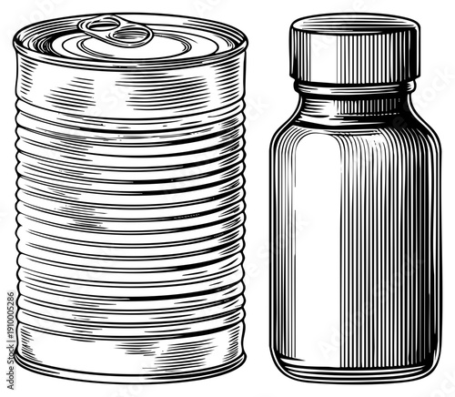 Hand drawn vector of food can and medicine bottle, retro packaging, black and white art, isolated containers, halftone shading, graphic design element.