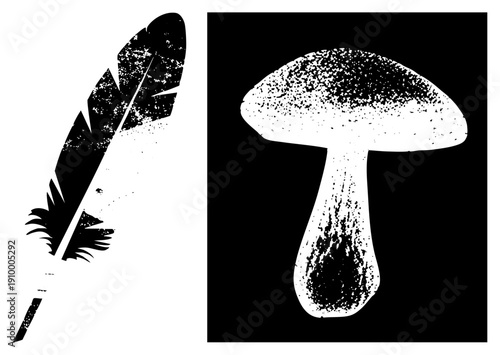 Grunge textured feather quill pen and mushroom silhouette, vector, artistic graphic elements, isolated design assets.