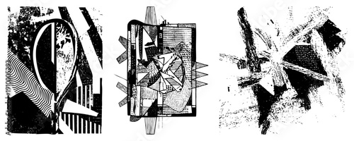 Graphic design featuring abstract shapes, halftone textures, and intersecting, vector art, modernist composition, black and white illustration, stylized forms.