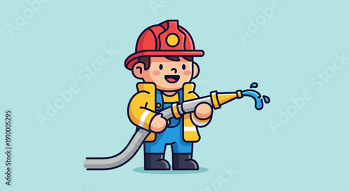 Cartoon Firefighter Holding Hose Spraying Water.