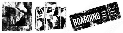 Retro suitcase with worn texture, boarding pass stamp, travel theme, luggage, halftone, vector illustration, isolated design.