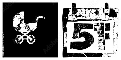 Grunge style baby stroller and calendar showing “5th”, both with weathered textures, vector graphics, isolated symbols for design use.