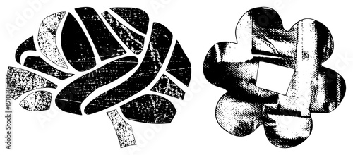 Stylized brain and flower shapes with halftone shading, vector graphic, black and white, artistic design, isolated elements, conceptual illustration.