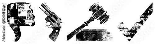 Distressed black thumbs down, revolver, judge’s gavel, checkmark, gritty halftone style, symbolic protest or approval, vector graphic.