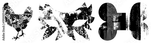 Stylized chicken forms composed of fragmented textures, halftone shading, and bold shapes, ideal for graphic design or print.