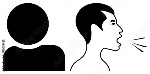 Profile representing speaker, talking person, user avatar, communication symbol, profile silhouette, chat, message sender.