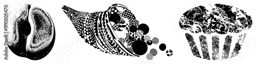 Black and white halftone stylized coffee bean, ornate conch spilling geometric shapes, cupcake with textured frosting vector flat design.