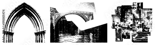 Ornate pointed archway with columns, stone bridge reflecting in water, halftone dot, architectural vector illustration, medieval design.