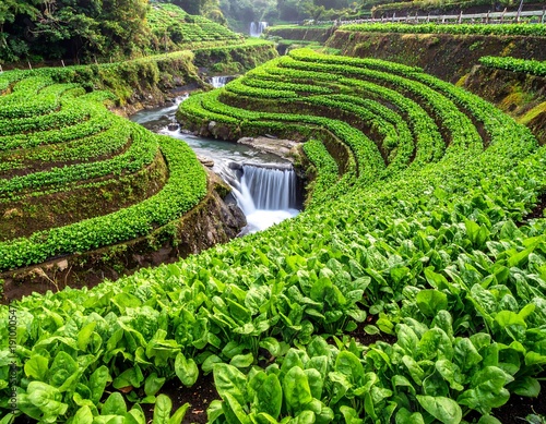 Lush green terraced landscape with flowing river, cascading waterfalls