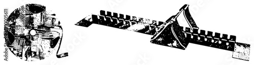 Black and white vector illustration of film reel and strip, halftone, cinema equipment, movie production, analog, film industry.