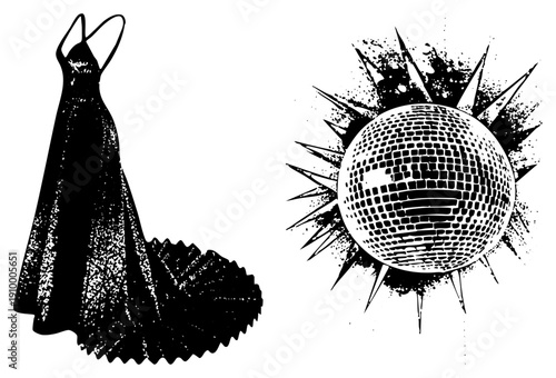 Silhouette of a floor length gown with flared hem, paired with a reflective disco ball, both rendered in high contrast black and white, ideal for party or nightlife themes.