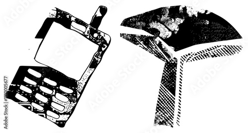 Classic flip phone with keypad, retro headphones with earcup, halftone texture, vector graphic, isolated tech, nostalgic communication devices.