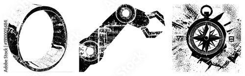 Retro styled mechanical gear, robotic arm, compass rose, halftone texture, industrial design, vector illustration, navigation tools, mechanical elements.