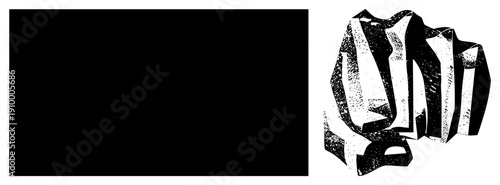 Modern art piece featuring angular forms, black and white halftone shading, abstract composition, graphic design element, vector illustration.