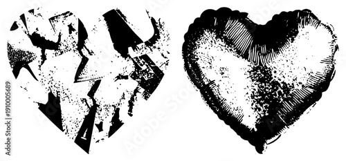 Two heart symbols, one shattered into jagged pieces, one intact with halftone texture, black and white vector art, emotional, graphic design element.