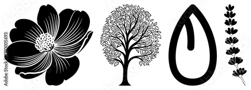 Minimalist black vector of flower, tree, droplet, and lavender sprig, isolated on transparent background, flat design, clean, nature motifs, graphic elements.