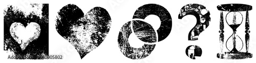 Distressed heart, question mark, hourglass in gritty halftone. Vintage vector symbols. Perfect for design, typography, conceptual art.