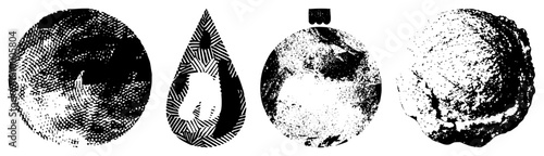 Black and white halftone textures forming circular and teardrop forms, graphic design elements, vector art, stylized, composition.