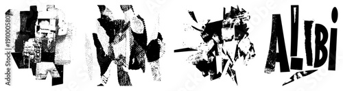 Dynamic black and white graphic design featuring fragmented shapes, halftone, and stylized text, ideal for modern branding or use.