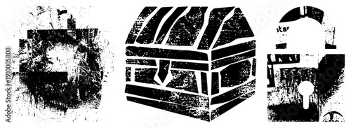 Distressed black and white vector house, treasure chest, padlock. Grunge texture, high contrast, isolated symbols for UI or branding. Alternate emblem, glyph.