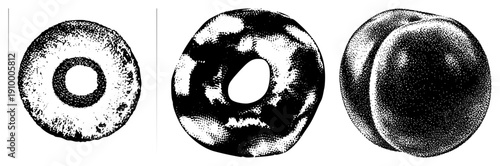 Vector donuts rendered in halftone dot, flat graphic style, isolated foreground, circular shapes with holes, design, food illustration.