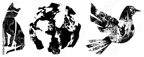 Graphic featuring a seated cat, world map globe, and flying bird, rendered in high contrast black with distressed texture, ideal for eco or travel themes.