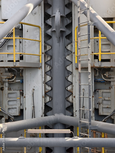 Jack up rig legs, fixation system and jacking motor on a jack up rig.