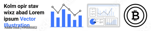 Bar graphs, line charts, and Bitcoin symbol represent cryptocurrency trends, data analytics, and blockchain. Ideal for financial technology, trading, cryptocurrency, fintech solutions economic