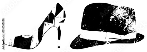 Retro fashion accessories, high heel shoe and fedora hat, vector art, stylized silhouette, vintage style, graphic design element, fashion.