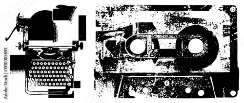 Retro typewriter keyboard and cassette tape graphic, distressed black and white vector art, nostalgic analog, vintage tech, grunge style illustration.