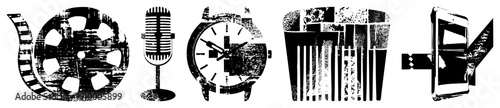 Retro including film reel, vintage mic, analog clock, hairbrush, smartphone, stylized vector graphics, design.