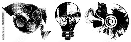 Retro symbols film reel, lightbulb, gramophone, distressed halftone, creative, analog entertainment, artistic vector.