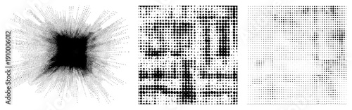 Vector halftone graphics using dot density for shading, gradient simulation, and text rendering, ideal for print and digital design.