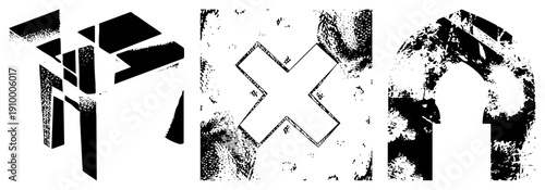 Three stylized abstract forms rendered in halftone, featuring isometric angles and fragmented planes, vector art with gritty texture, graphic design elements.